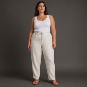 Ellen Tracy Women 100% Linen Pants L Pull On High Rise Tapered Beige Euro Summer
